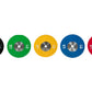 Five color-coded urethane bumper plates in black, green, yellow, blue, and red with weight markings and metal centers on whit