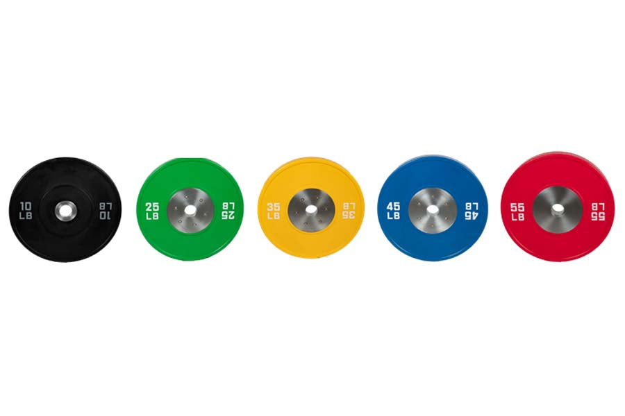 Five color-coded urethane bumper plates in black, green, yellow, blue, and red with weight markings and metal centers on whit