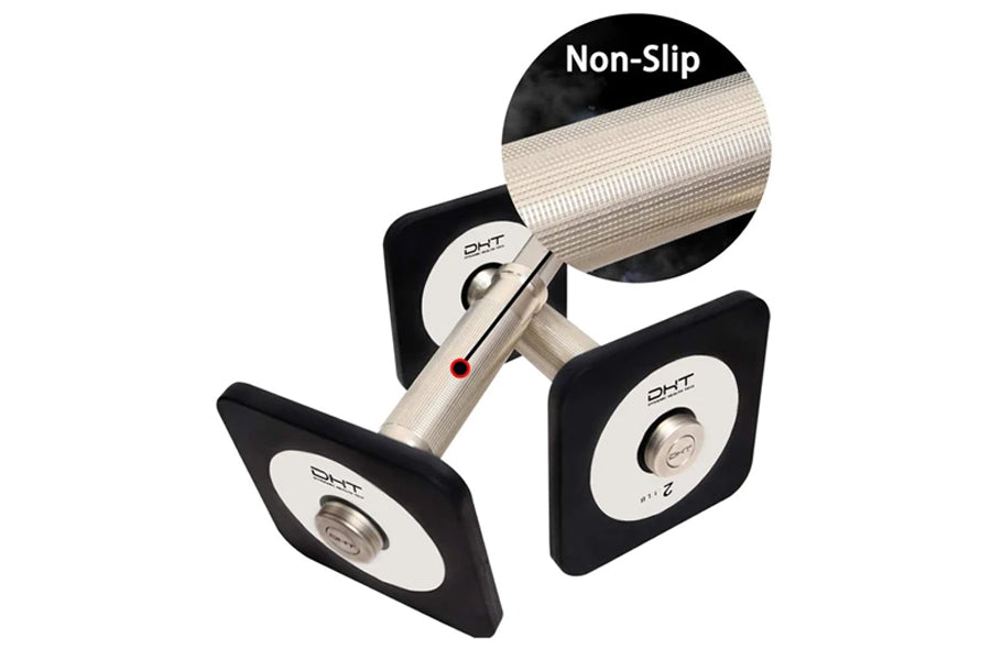 Warrior D22.5 adjustable dumbbells with black and white square weight plates, beige non-slip grip handle, flat lay view