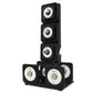 Black modular speaker system with five stacked cube-shaped units featuring cream and silver circular speaker cones, displayed