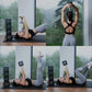 Woman wearing gray sports bra and leggings demonstrating dumbbell exercises with Warrior D22.5 adjustable dumbbells in modern