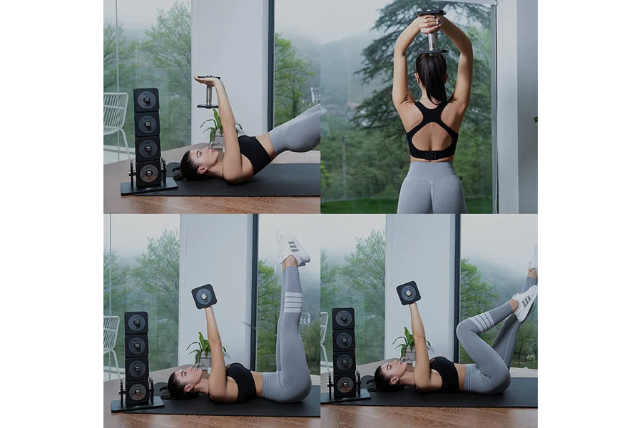Woman wearing gray sports bra and leggings demonstrating dumbbell exercises with Warrior D22.5 adjustable dumbbells in modern