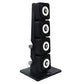 Black adjustable dumbbell tower with four stacked weights, white and silver trim accents, on flat base stand