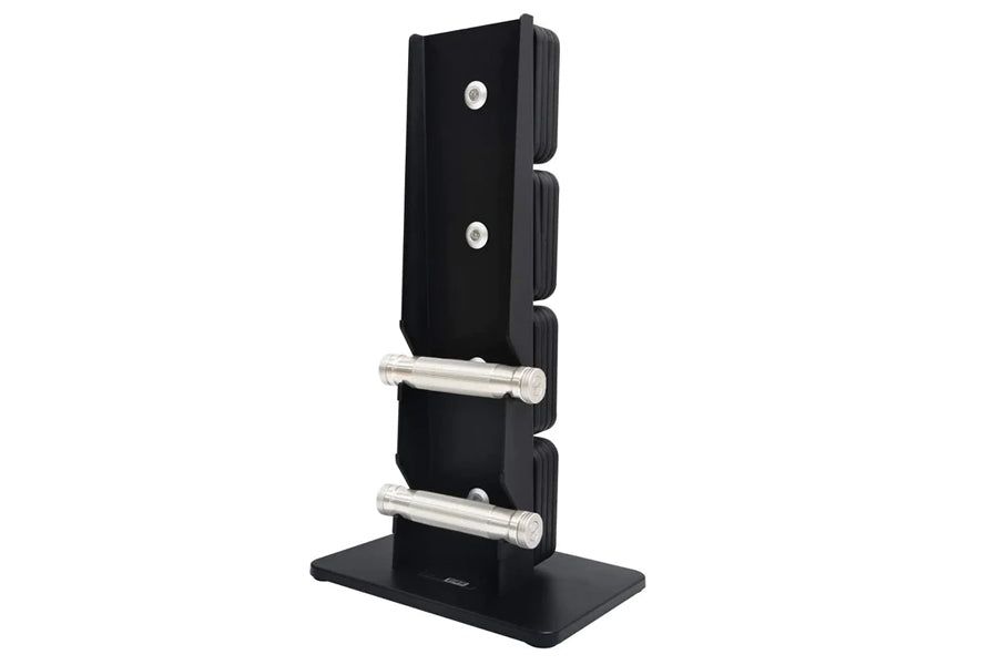 Warrior D22.5 adjustable dumbbells with black rectangular weight plates stacked vertically on stand with two silver chrome ha