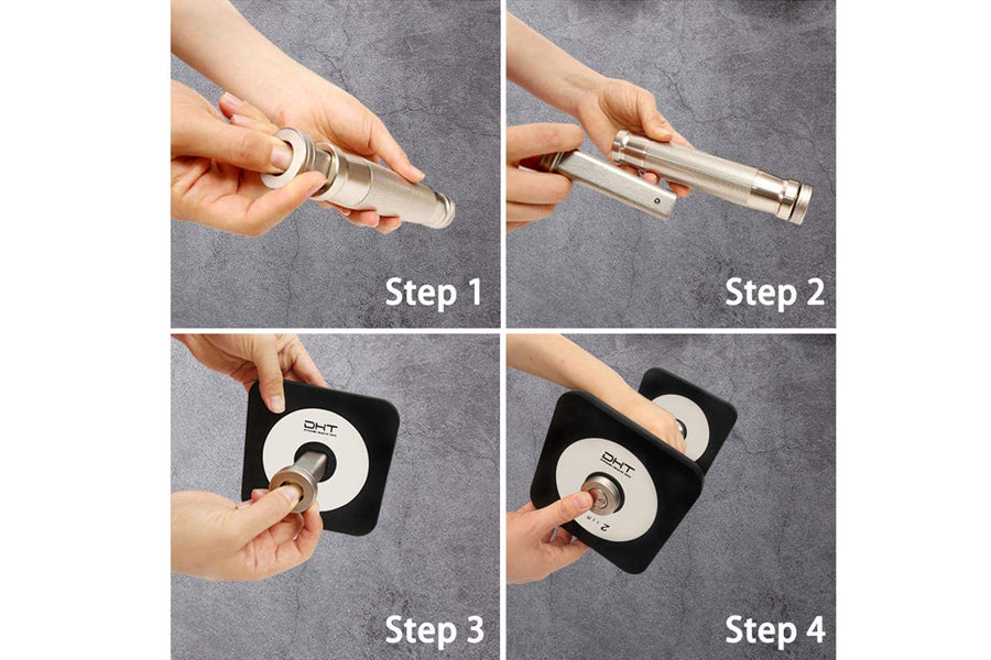 Four-step instructional image showing how to use adjustable dumbbells: unscrewing metal handle, separating components, insert