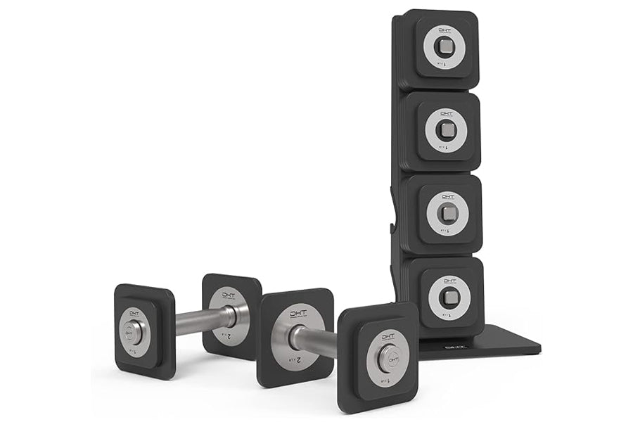 Warrior D22.5 adjustable dumbbells in black with silver weight plates, displayed in flat lay with stacked tower and individua