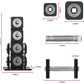 Warrior D22.5 adjustable dumbbells with dimension measurements shown, including stacked black weight plates with silver dials