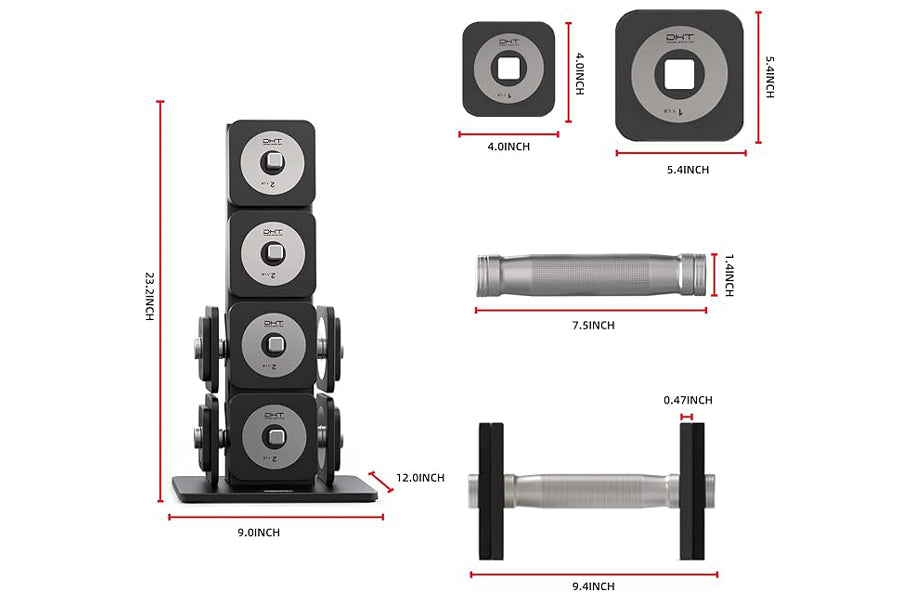 Warrior D22.5 adjustable dumbbells with dimension measurements shown, including stacked black weight plates with silver dials