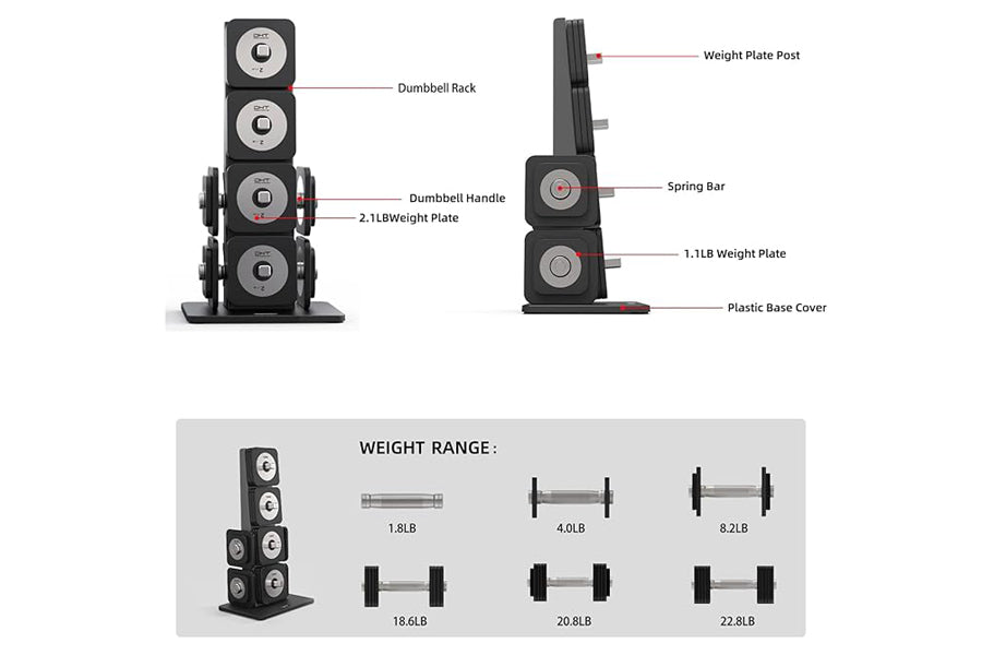 Warrior D22.5 adjustable dumbbells with black rack holding stacked weight plates, labeled components, and weight range chart 