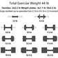 Warrior D22.5 adjustable dumbbells set with chrome handles and black weight plates, showing assembly configurations from 2.2 