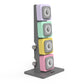 Warrior D22.5 adjustable dumbbell set with four interchangeable colored weights stacked on gray stand, purple, mint green, ye