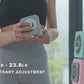 Woman holding gray adjustable dumbbell with weight range 5.0lb to 23.8lb, wearing black sports bra, with mint green and pink 