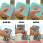 Turquoise and gray adjustable dumbbell shown in three steps: press, pull, and lock mechanism with hand demonstrations