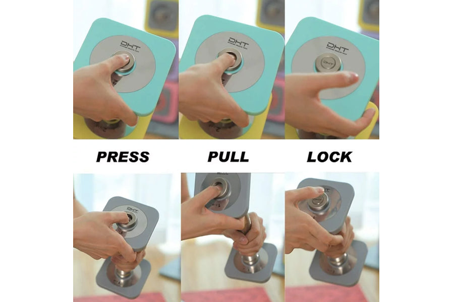 Turquoise and gray adjustable dumbbell shown in three steps: press, pull, and lock mechanism with hand demonstrations