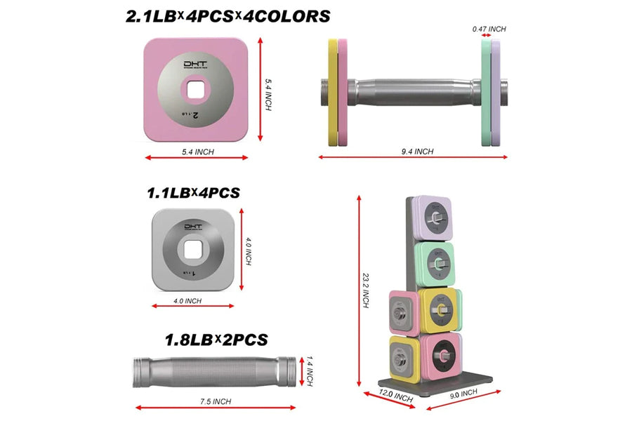 Warrior D22.5 adjustable dumbbells set with 2.1lb pink plates, 1.1lb gray plates, 1.8lb bar, and chrome handle shown with dim