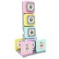 Warrior D22.5 adjustable dumbbells in pink, yellow, mint green, and purple with gray bases, stacked display on white backgrou