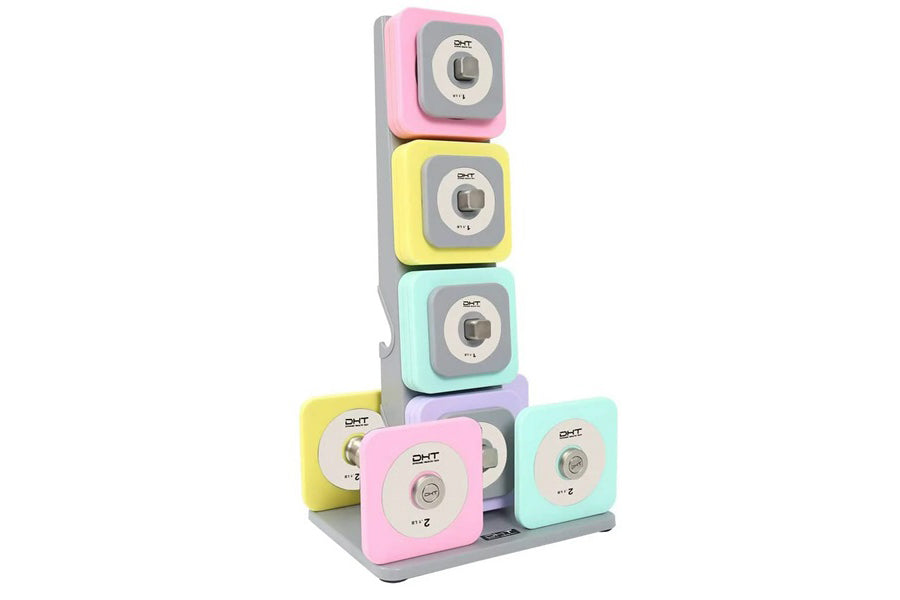 Warrior D22.5 adjustable dumbbells in pink, yellow, mint green, and purple with gray bases, stacked display on white backgrou