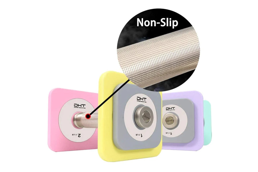 Set of colorful adjustable dumbbells in pink, yellow, purple, and mint with non-slip textured grip bands and metal weight pla