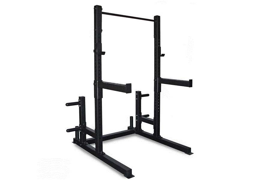 Black steel squat rack with adjustable bar positions and safety arms on white background