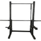 Black steel squat rack with adjustable height uprights, safety bars, and weight bar holder on white background
