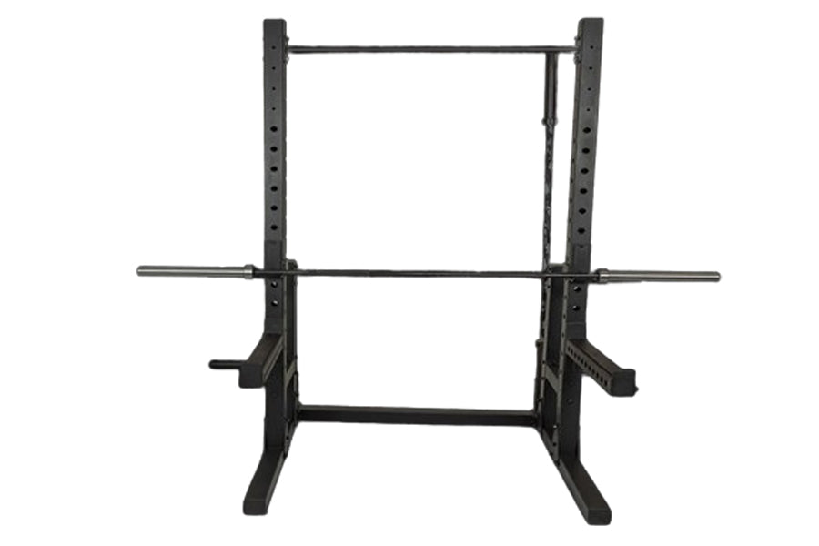 Black steel squat rack with adjustable height uprights, safety bars, and weight bar holder on white background