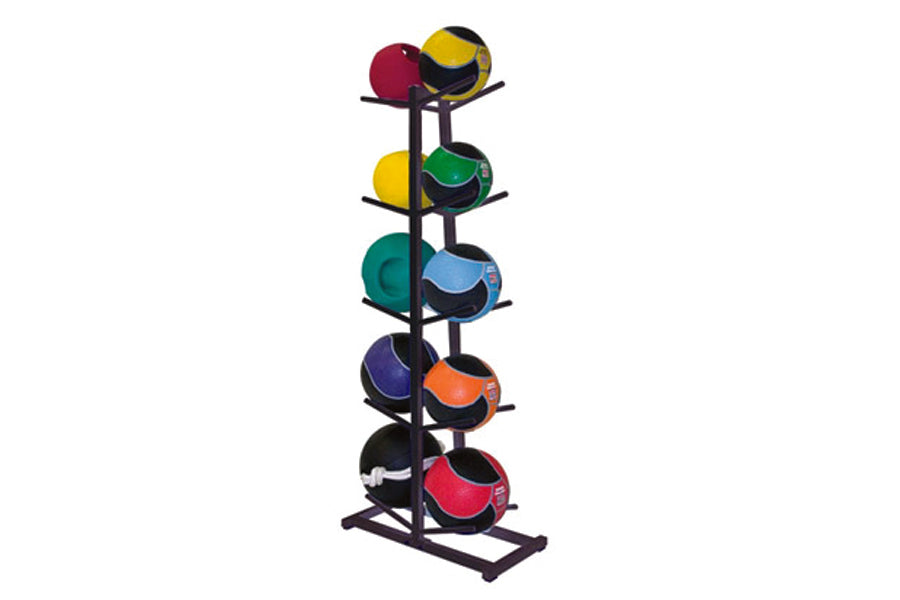Warrior double medicine ball rack with black metal frame holding six colored medicine balls in red, burgundy, yellow, green, 