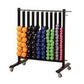 Black metal dumbbell rack with wheels holding colorful neoprene dumbbells in orange, black, blue, green, purple, and pink, di