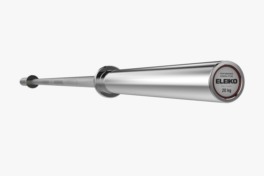 Eleiko Performance Powerlifting Bar, 20 kg, polished steel barbell on white background