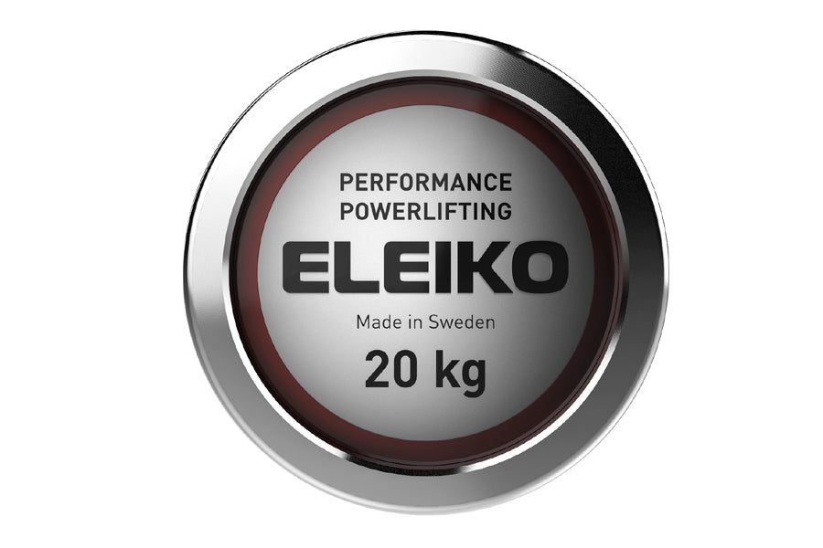 Eleiko 20kg performance powerlifting bar with red and silver weight plate design, made in Sweden