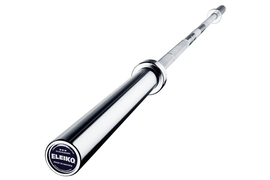 Eleiko Performance Powerlifting Bar with chrome finish, knurled grip, and rotating sleeves on white background