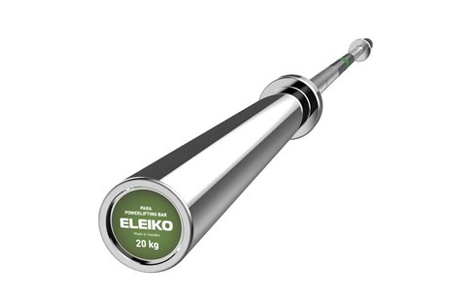 Eleiko Performance Powerlifting Bar, 20 kg, chrome and black with green label, on white background