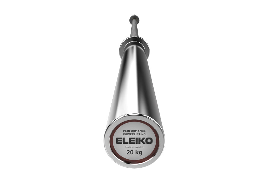 Eleiko Performance Powerlifting Bar, 20 kg, brushed steel with labeled weight collar on white background