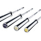 Set of four Eleiko chrome powerlifting bars with black sleeves and collars, displayed in increasing length order on white bac
