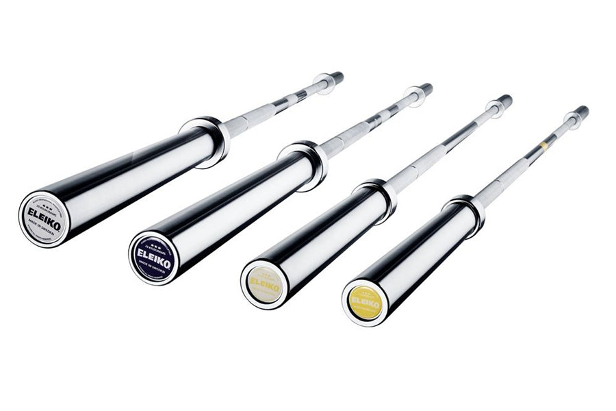 Set of four Eleiko chrome powerlifting bars with black sleeves and collars, displayed in increasing length order on white bac