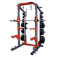 Red and gray power rack with barbell holders, weight plate pegs, and chin-up bar on white background