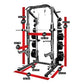 Warrior Elite 3.0 Power Rack with red and black frame, labeled with dimension measurements including total height, width, dep
