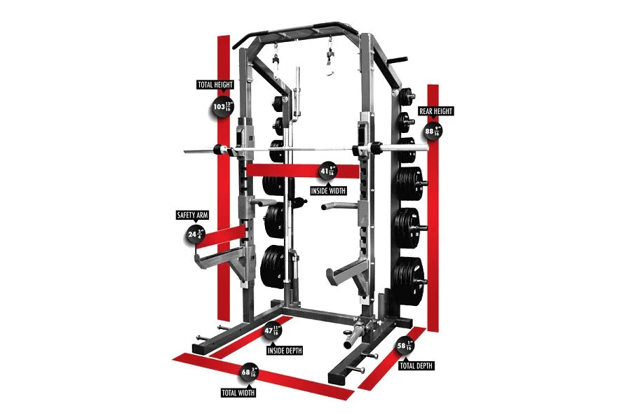 Warrior Elite 3.0 Power Rack with red and black frame, labeled with dimension measurements including total height, width, dep