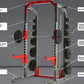 Warrior Elite 3.0 Power Rack with red and gray frame, multi-grip pull-up bar, monster hooks, band pegs, and plate storage on 