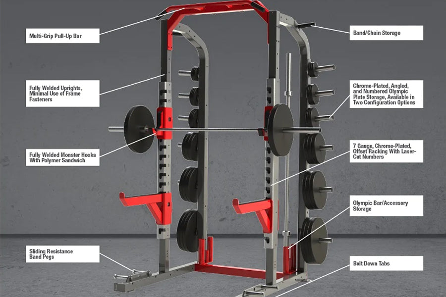 Warrior Elite 3.0 Power Rack with red and gray frame, multi-grip pull-up bar, monster hooks, band pegs, and plate storage on 