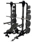 Black power rack with dual squat stations, weight plate storage on both sides, barbell, and adjustable bench on white backgro