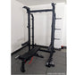 Black power cage squat rack with pull-up bar and weight plate storage pegs, shown on gym flooring without bench