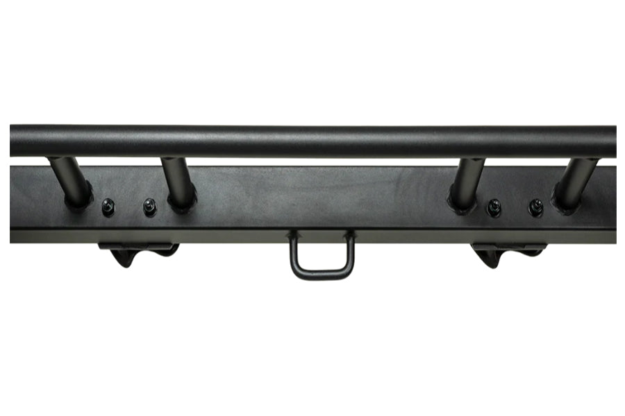 Black squat rack with multiple attachment posts and curved foot pegs, shown against white background
