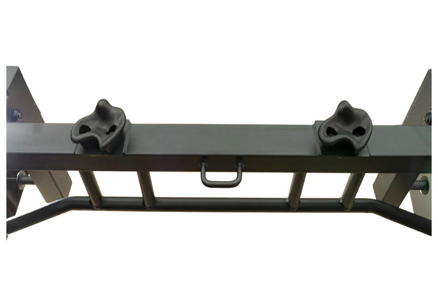 Warrior Elite 2.0 Squat Rack with black metal frame, dual safety spotter arms, and angled uprights on white background