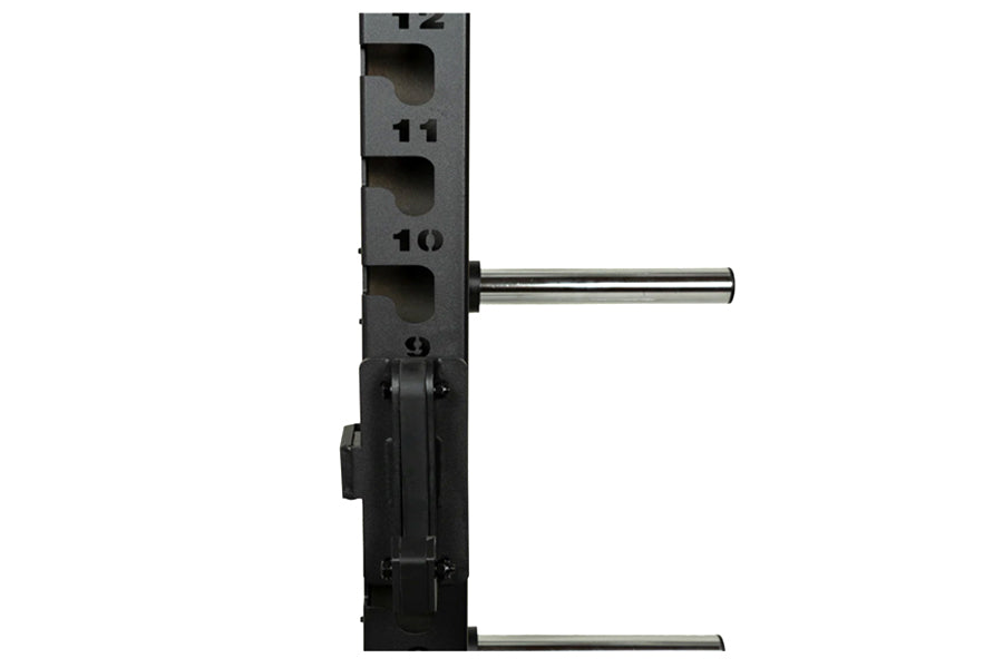 Black power rack with numbered weight plate storage slots 9-12, steel loading pins, and wide base on white background