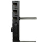 Black multi-position squat rack with numbered height markers 9-12, metal pin selector lever, and flat base on white backgroun