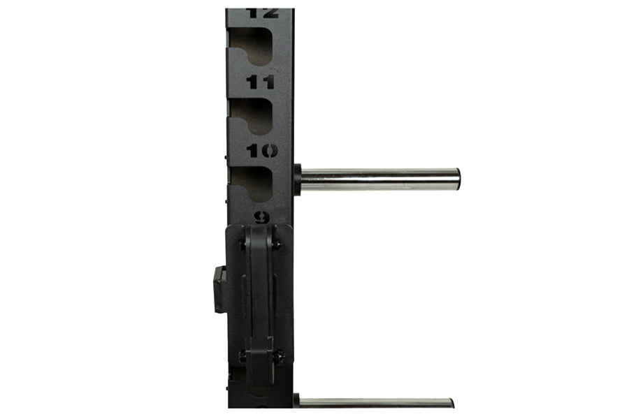 Black steel squat rack with numbered weight pegs 9-12, horizontal bar attachment, and metal feet on white background