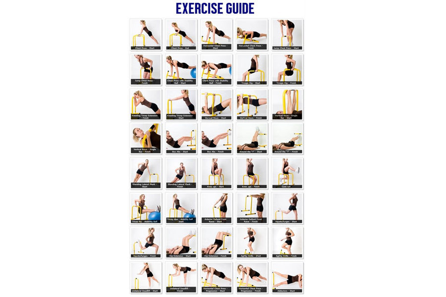 Warrior Equalizer Dip Bars exercise guide showing 40 demonstration movements with models using yellow resistance bars and blu