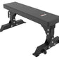 Black flat weight bench with padded seat, adjustable metal frame, and wheels on base, displayed on white background