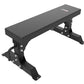Black flat weight bench with padded seat, metal frame and wheels on white background
