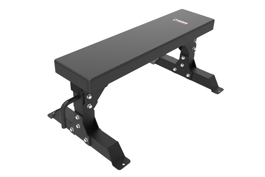 Black flat weight bench with padded seat, metal frame and wheels on white background